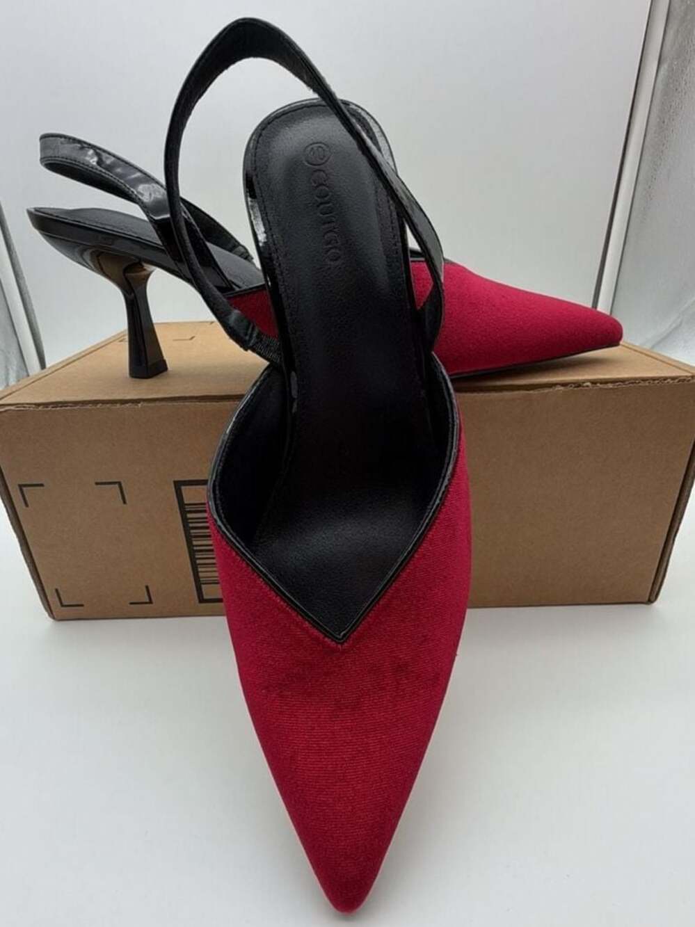 CUCCOO Red Velvet Slingback Kitten Heels with Black Trim